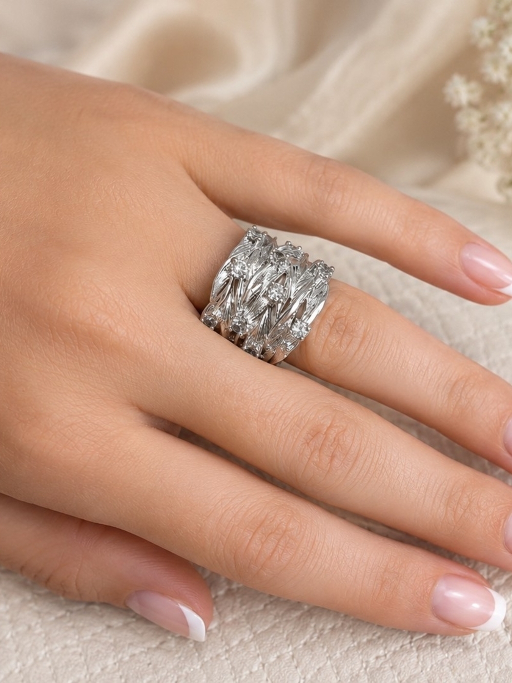 Textured Silver Multi-Row Crystal Ring - Picture 7 of 7